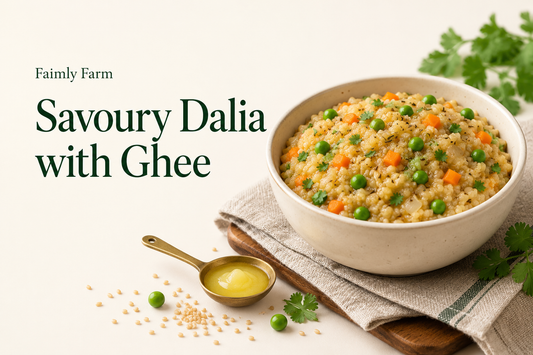 AI-generated illustration of soft cooked broken wheat with carrot and peas in ivory bowl with forest-green Faimly Farm lettering on an ivory background.