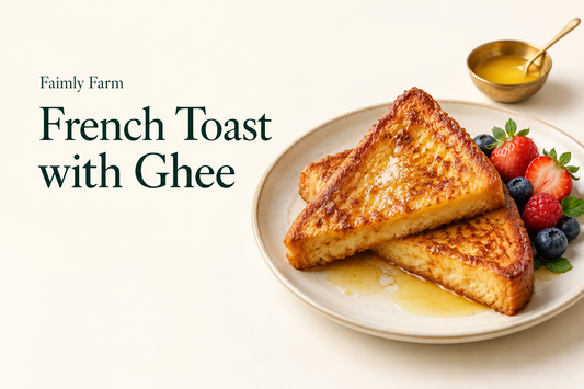 AI-generated illustration of two golden cooked French toast triangles on ivory plate, small berries at side with forest-green Faimly Farm lettering on an ivory background.