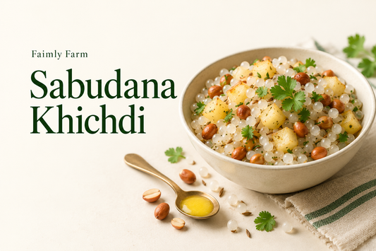 AI-generated illustration of separate translucent tapioca pearls with peanuts and small potato cubes in ivory bowl with forest-green Faimly Farm lettering on an ivory background.