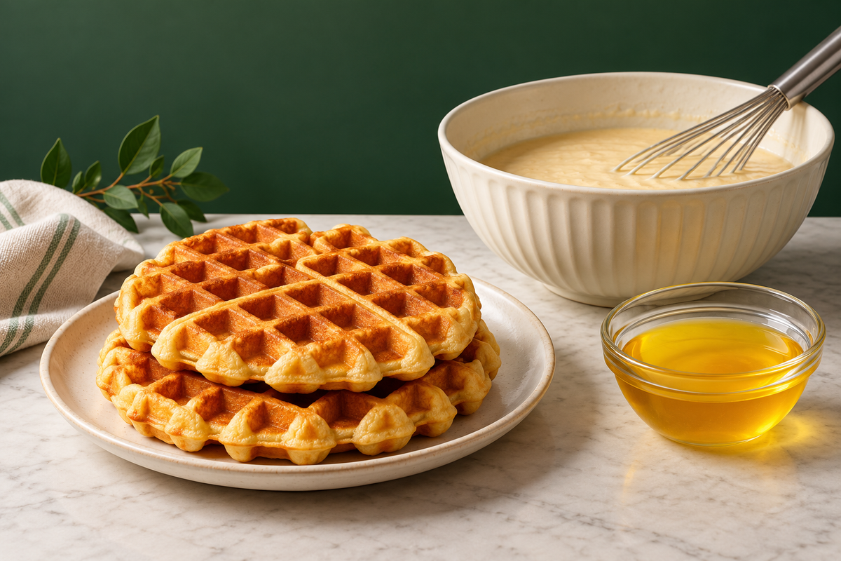 AI-generated editorial illustration: waffles beside a ghee bowl and batter.