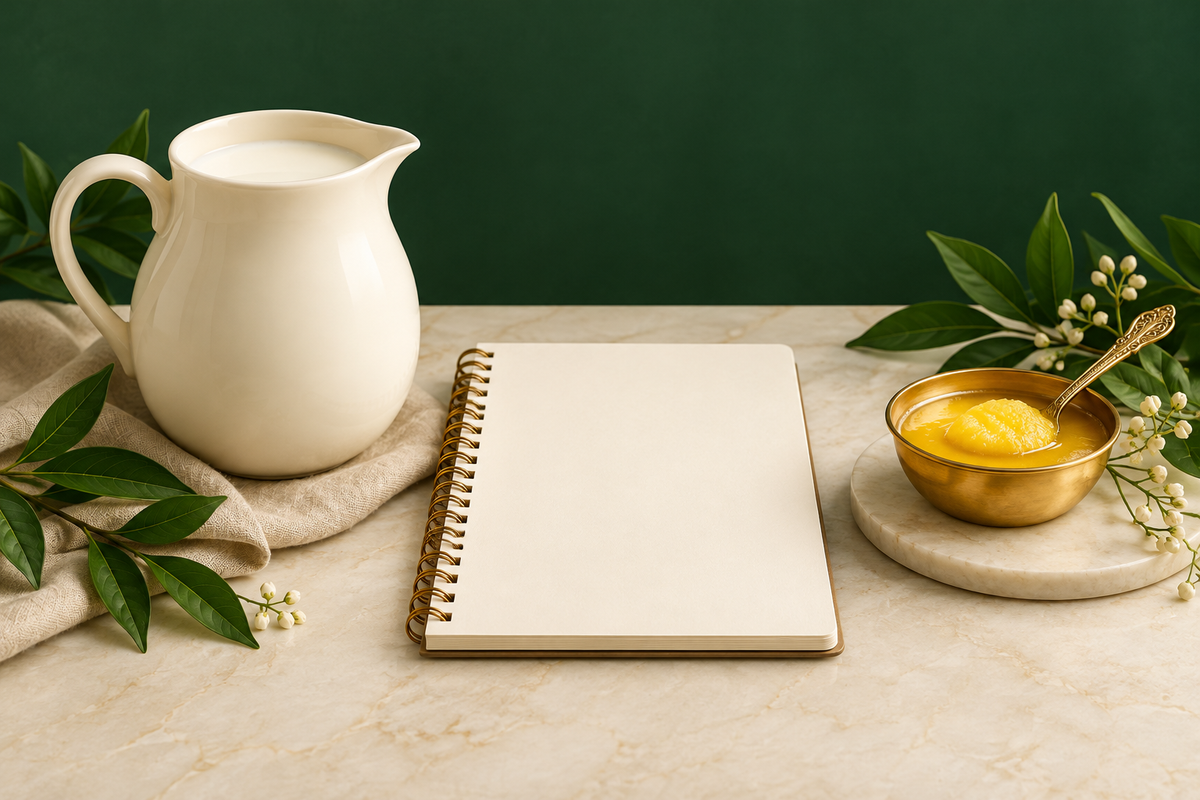 AI-generated editorial illustration: an ivory milk jug and small golden ghee bowl separated by a blank research notebook.