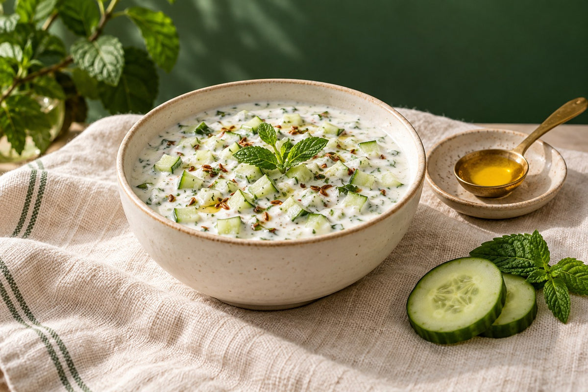 AI-generated illustration of cucumber raita topped with cumin seeds and mint, beside a brass spoon of ghee.