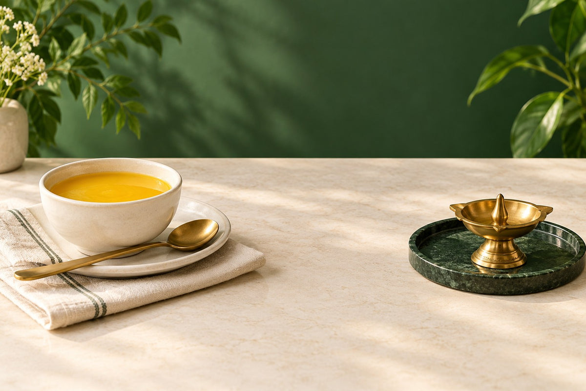 AI-generated illustration of a bowl of ghee and spoon placed separately from an unlit brass diya on a green tray.