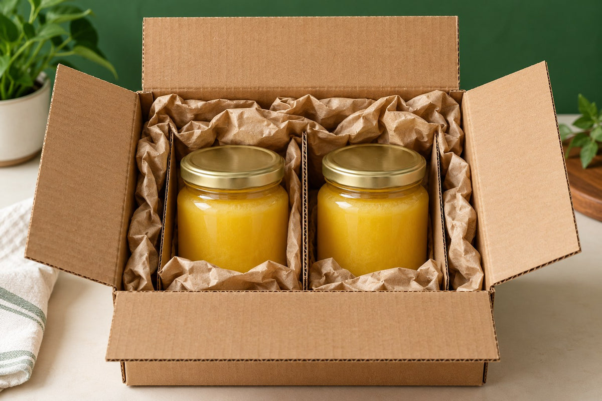 AI-generated illustration of two unlabelled sealed ghee jars upright in a cardboard box with dividers and paper cushioning.