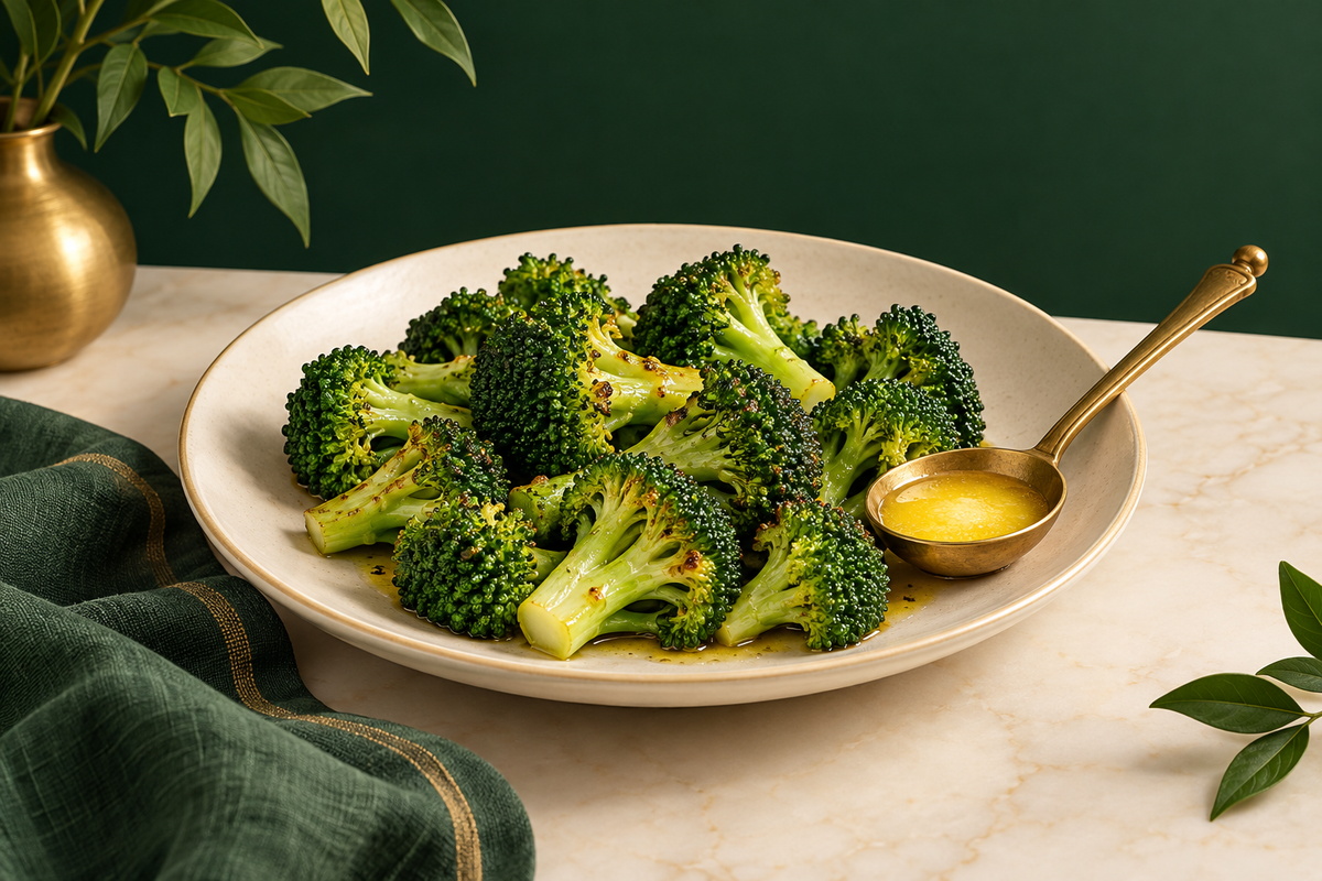 AI-generated editorial illustration: an ivory plate of green broccoli florets with a small brass ghee spoon.
