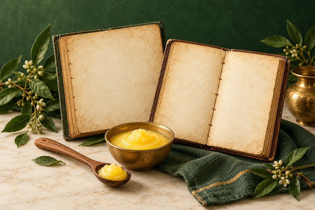 AI-generated editorial illustration: two aged blank recipe notebooks beside a wooden spoon and small bowl of ghee.