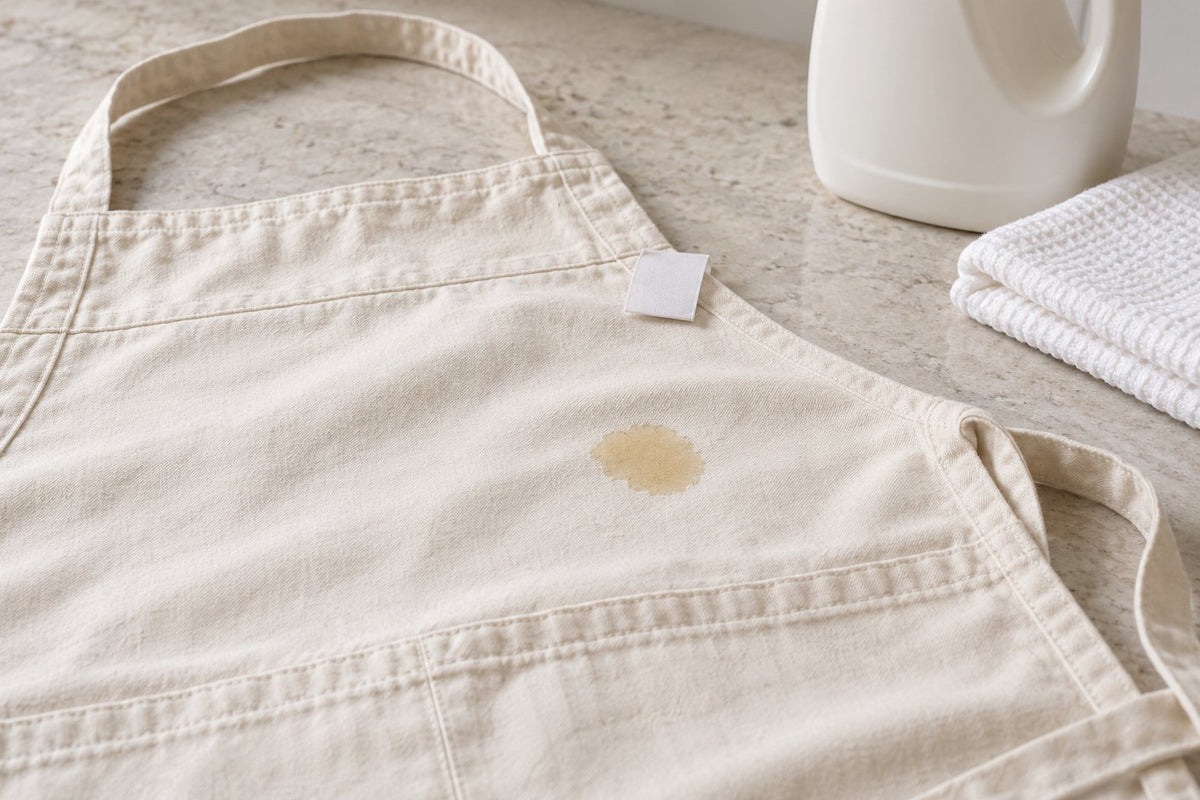 AI-generated editorial illustration of a grease spot on a cotton apron beside laundry supplies.