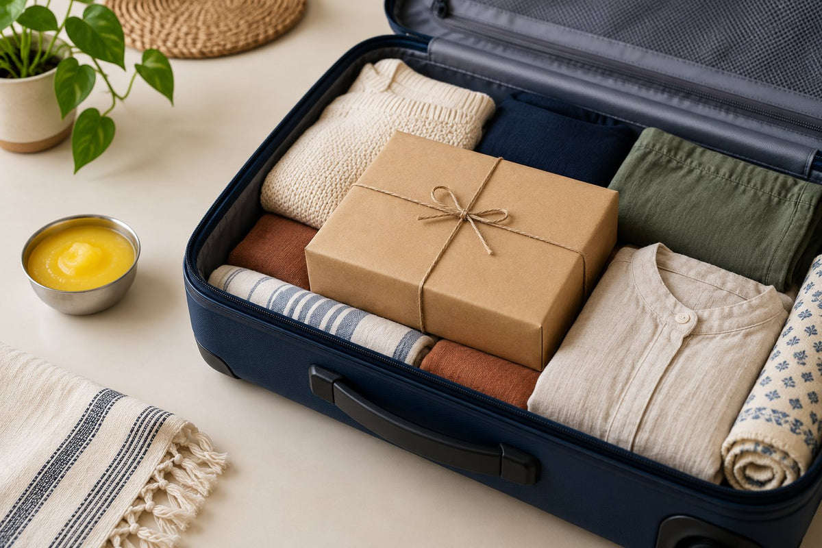 AI-generated editorial illustration of a gift box packed in a suitcase, with a bowl of ghee beside it.