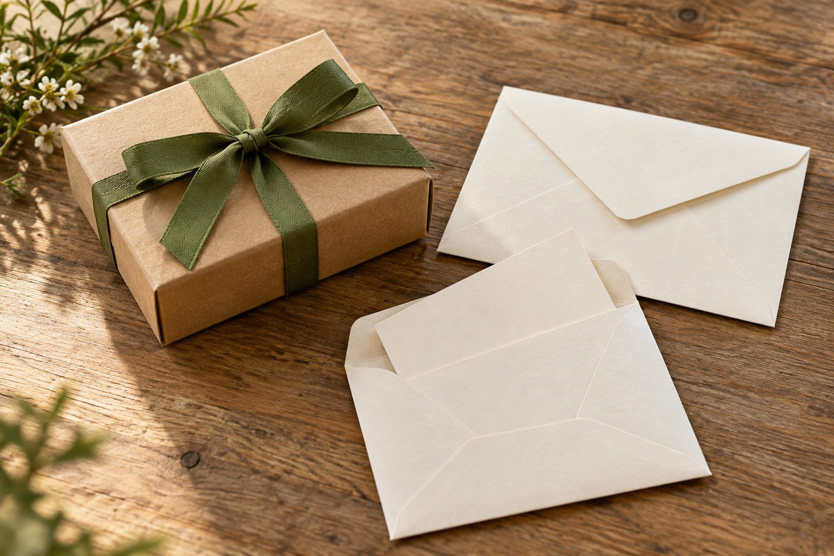 AI-generated illustration of a kraft gift box with green ribbon, two blank envelopes and a blank paper slip.