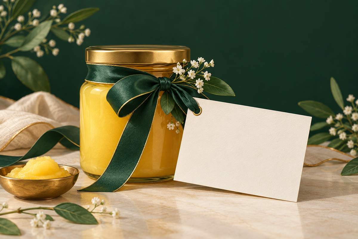 AI-generated editorial illustration: an unbranded ghee gift jar wrapped with a forest green ribbon and a blank ivory information card.