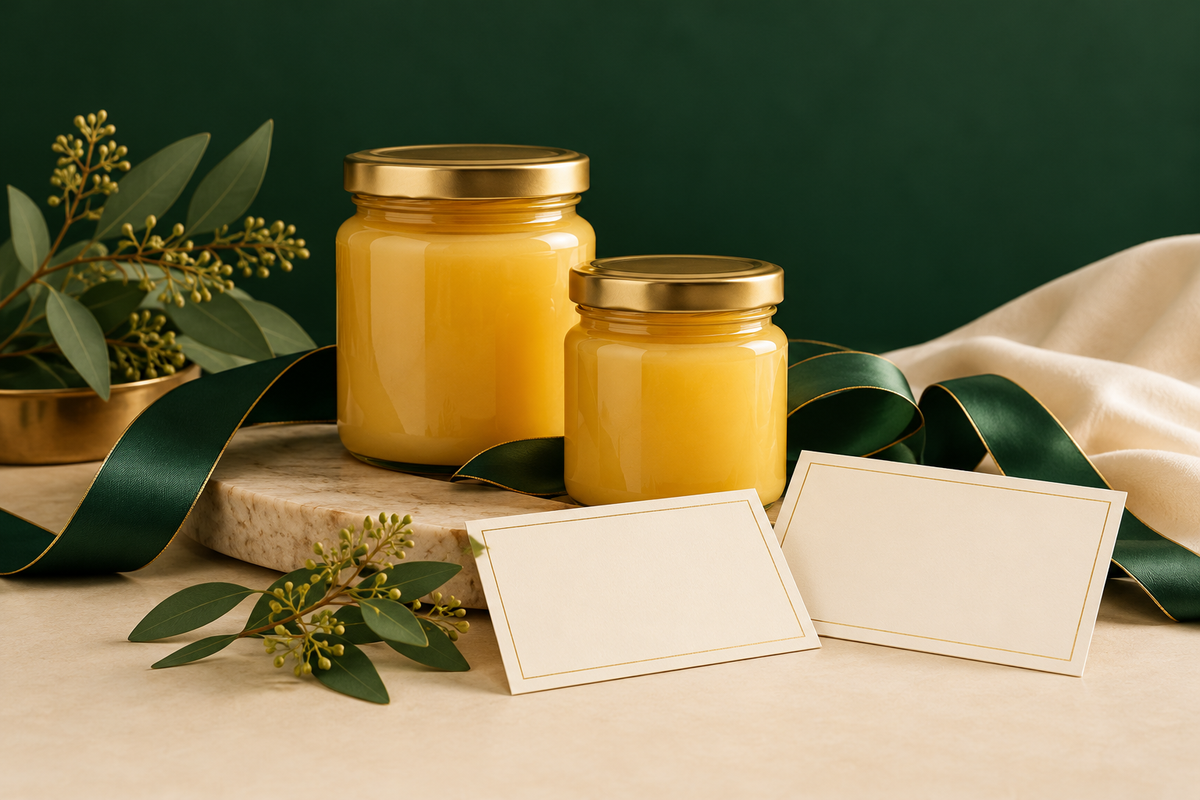 AI-generated editorial illustration: two unbranded gift jars beside blank ivory approval cards and a forest green ribbon.