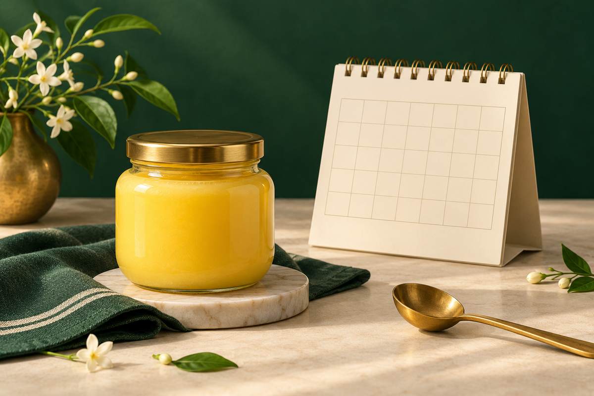 AI-generated editorial illustration: an unlabelled closed ghee jar beside an ivory household calendar and brass spoon, no text.