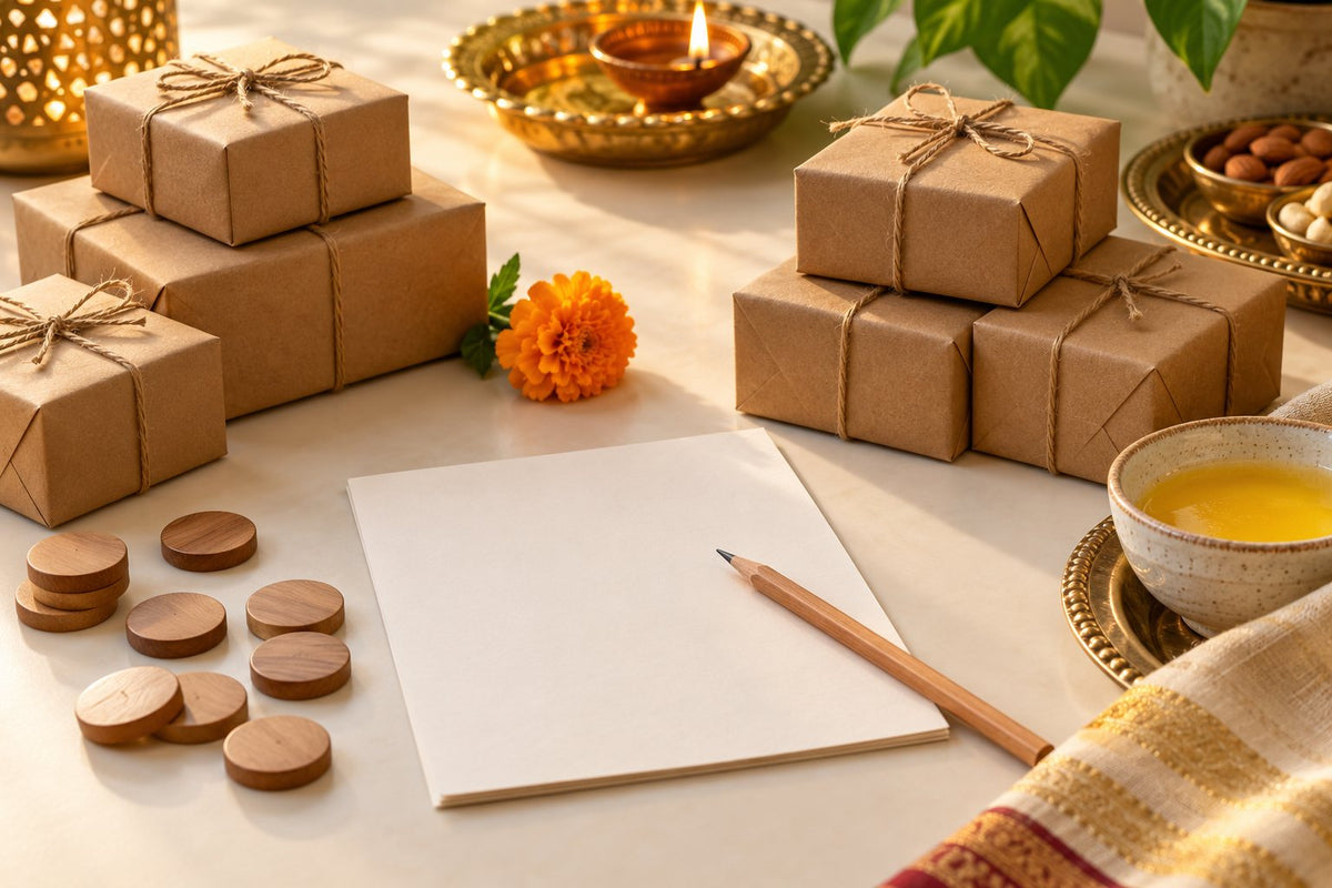 AI-generated editorial illustration of gift boxes, counting tokens and a planning sheet beside ghee.