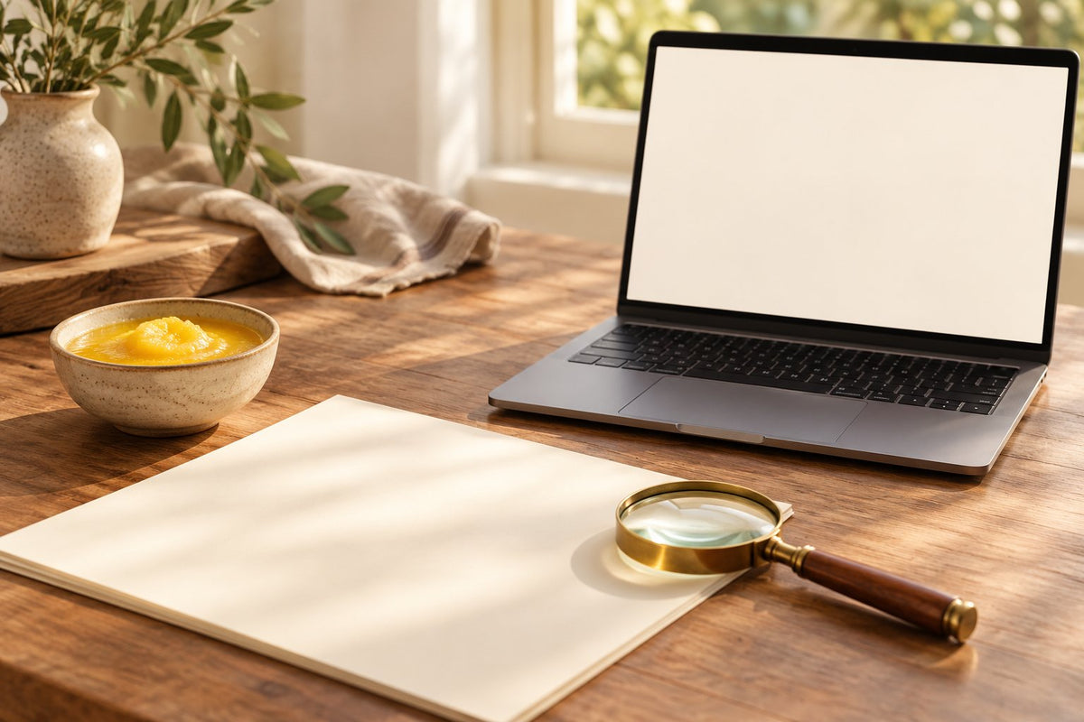 Editorial illustration of a blank document, magnifying glass and laptop beside a bowl of ghee