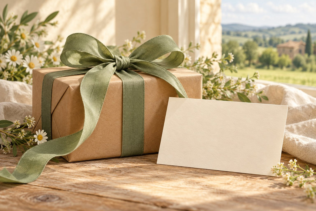 Editorial illustration of a kraft gift box with a loose wide ribbon and blank card
