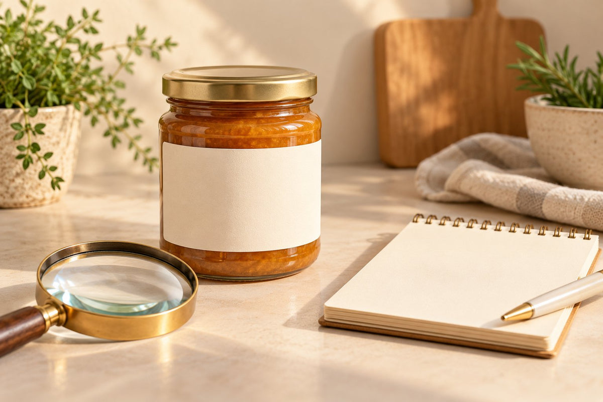 Conceptual editorial illustration of an unbranded jar, magnifying glass and blank notepad