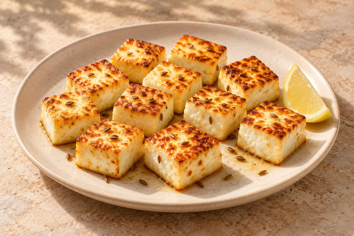 Editorial illustration of golden pan-seared paneer cubes with cumin and a lemon wedge