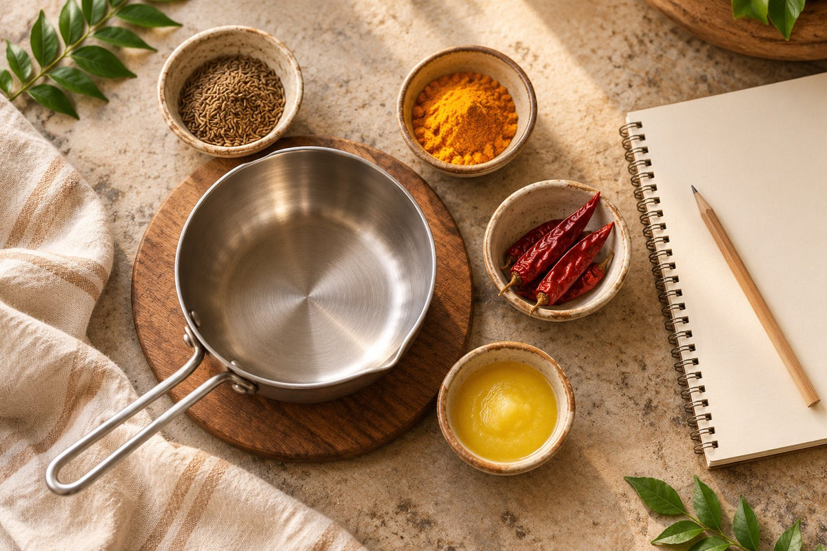 Editorial illustration of a tempering pan, separate spices, ghee and a blank recipe notebook