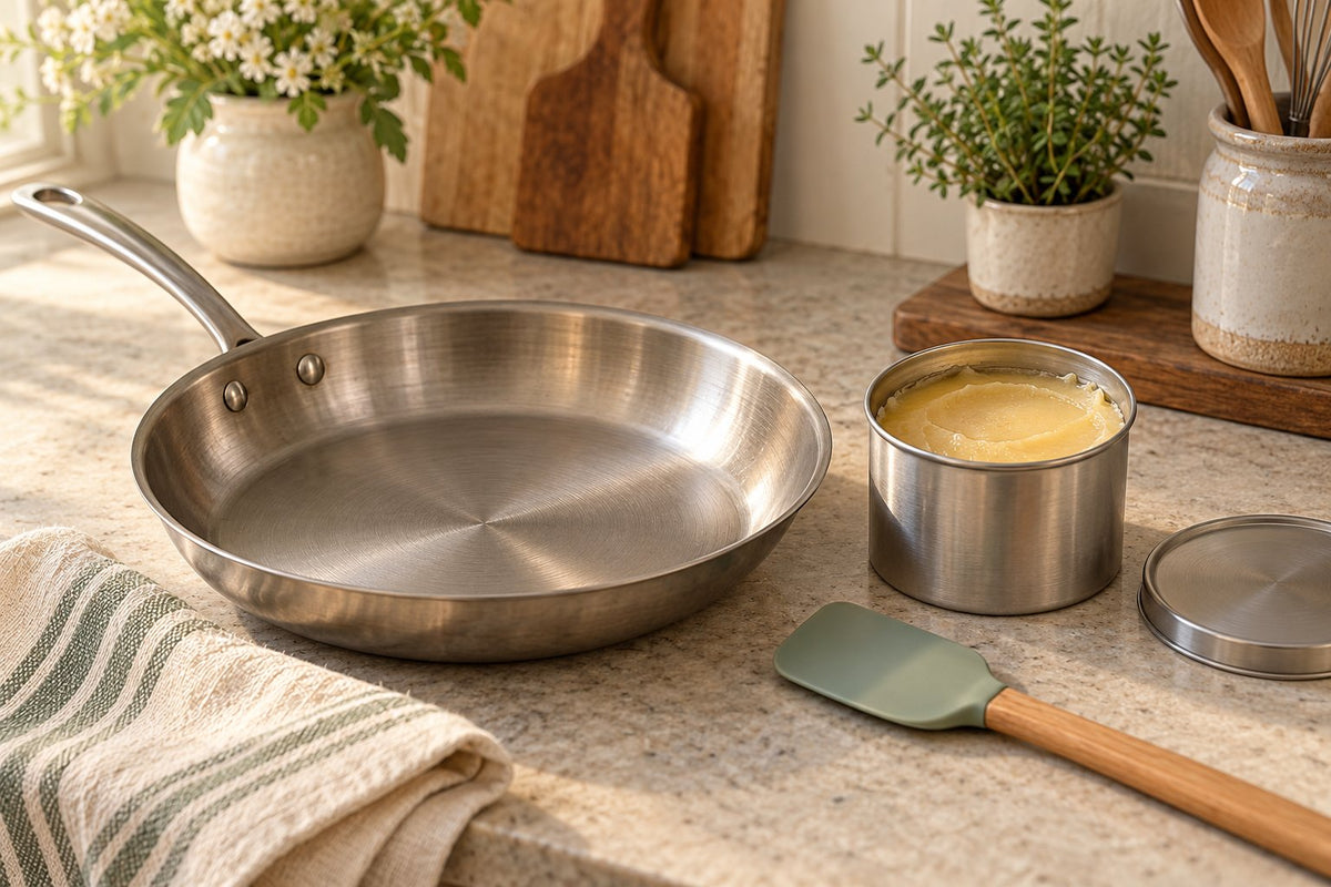 Editorial illustration of a cool pan, scraper and metal container holding solid cooking fat
