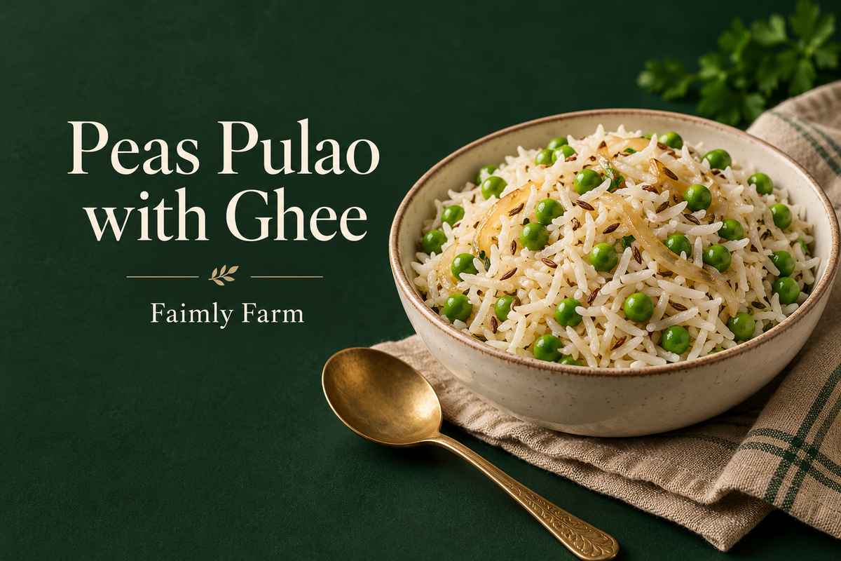 AI-generated illustration of peas pulao with separate basmati grains, green peas and onion in an ivory bowl on a forest-green background.