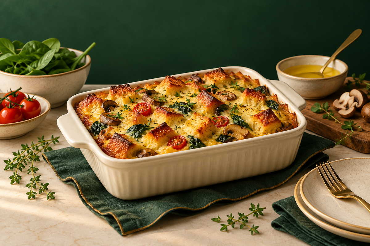 AI-generated editorial illustration: a small ivory baking dish of savoury bread pudding with golden top and vegetables.