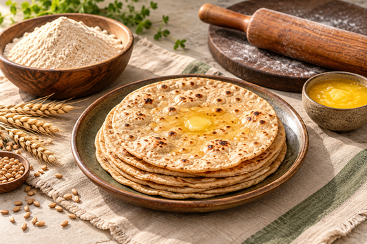Soft whole-wheat rotis with golden ghee