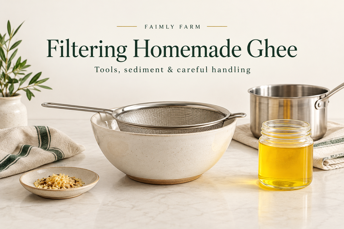 AI-generated editorial illustration of a fine-mesh strainer supported over a bowl beside a saucepan and unbranded ghee jar.