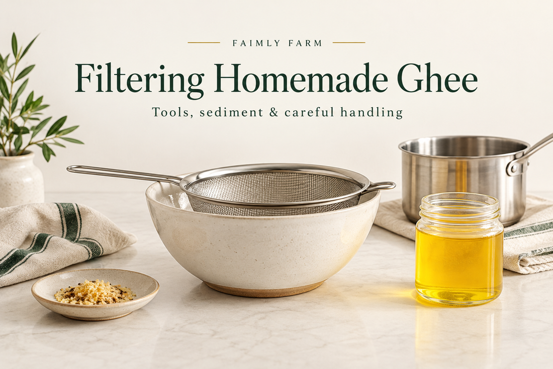 AI-generated editorial illustration of a fine-mesh strainer supported over a bowl beside a saucepan and unbranded ghee jar.
