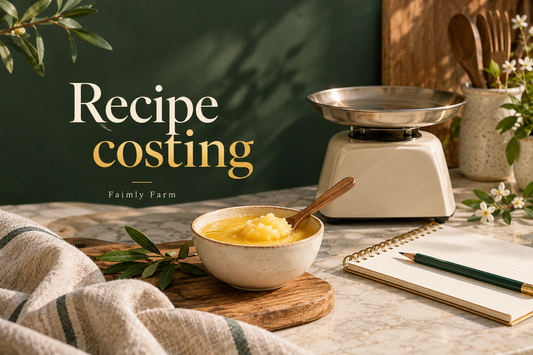 AI-generated illustration of ghee, a kitchen scale and a notebook for recipe costing.