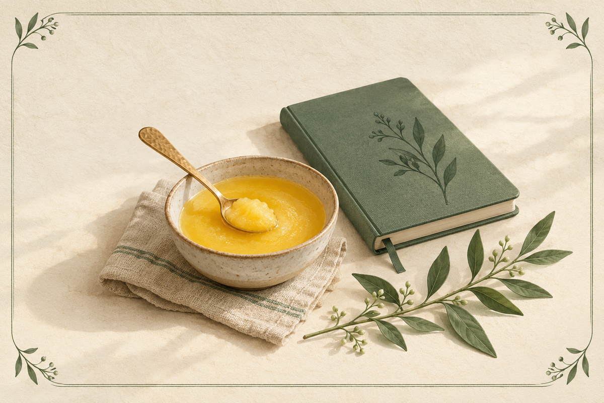 Ivory and forest-green editorial still life with a measured spoon of ghee beside a closed nutrition notebook and leafy sprig