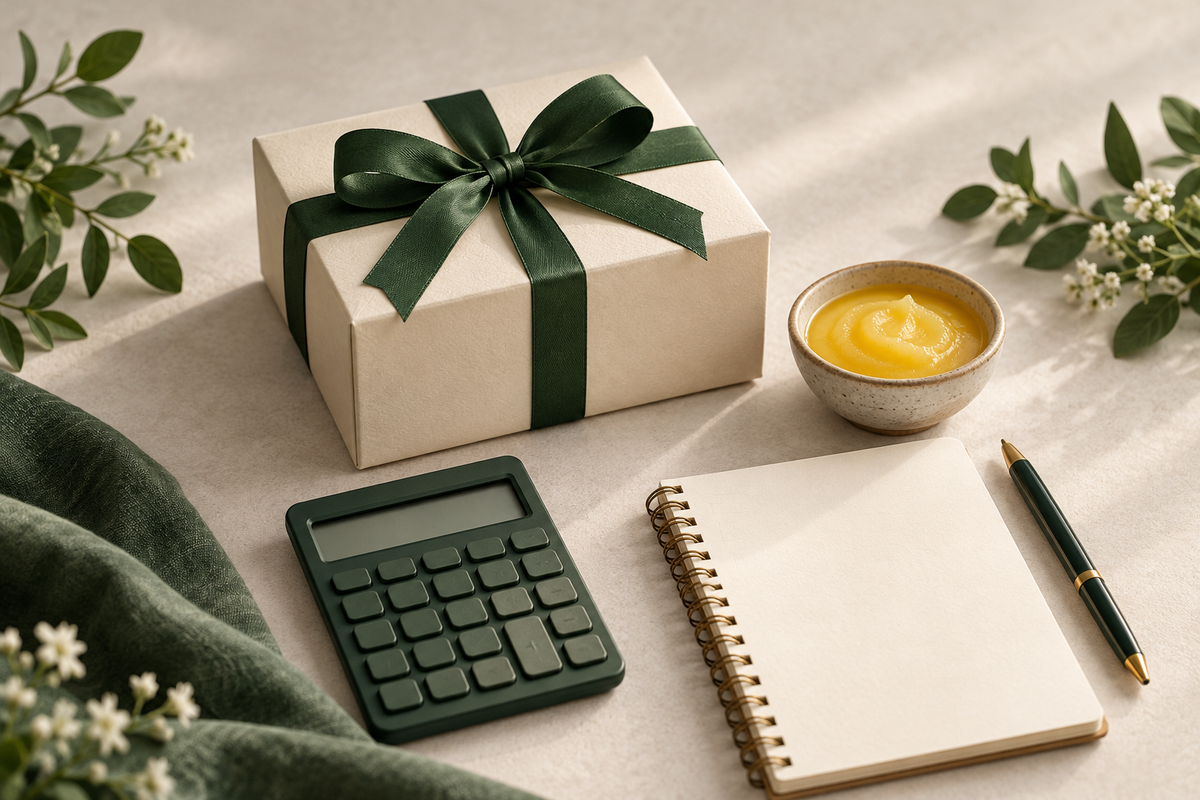 Ivory gift box with forest-green ribbon beside a calculator, blank budget notebook and bowl of ghee; AI-generated illustration