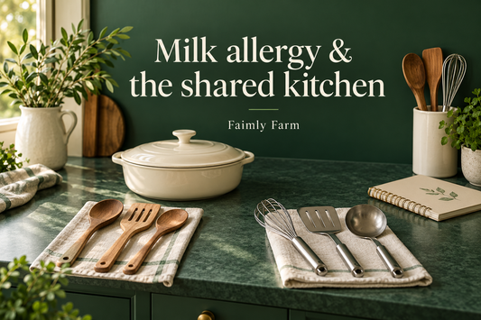AI-generated illustration of separate clean kitchen utensils and a covered dish for a milk-allergy hosting guide.