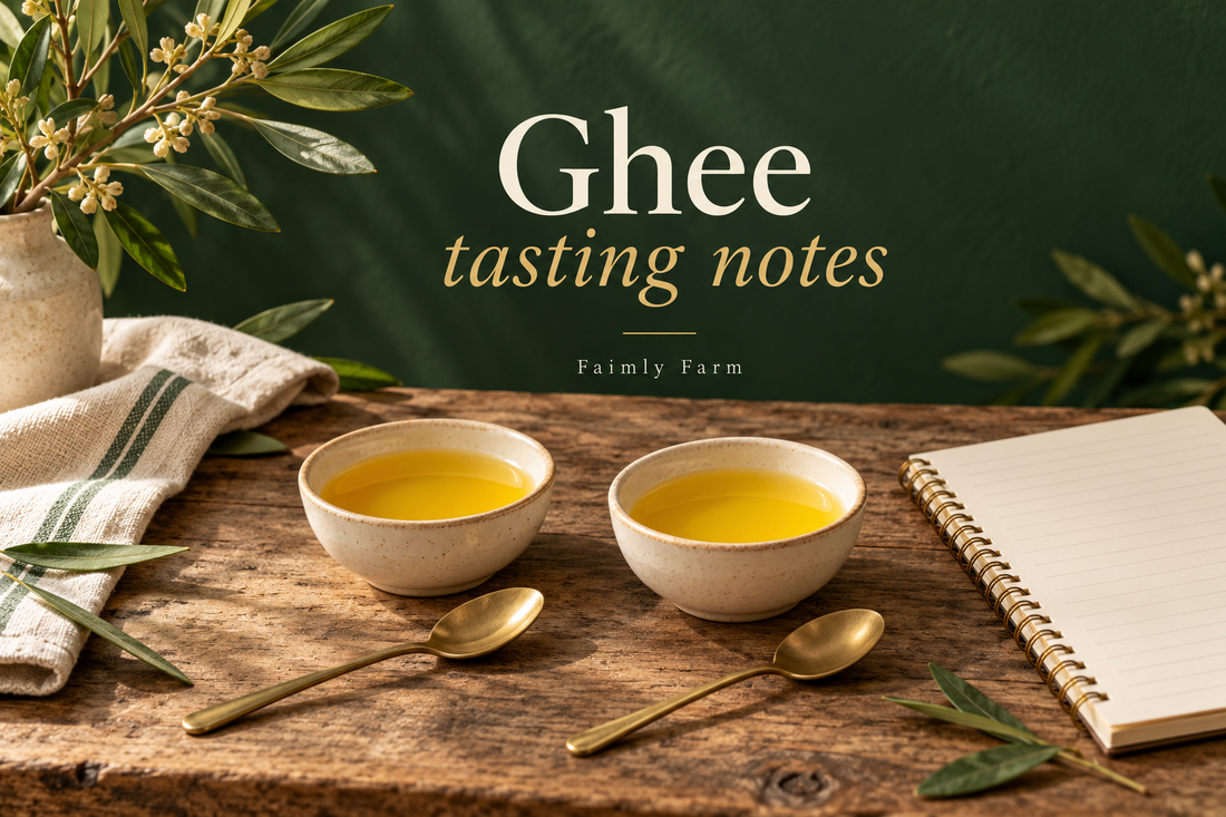 AI-generated illustration of two ghee samples, separate spoons and a tasting notebook.