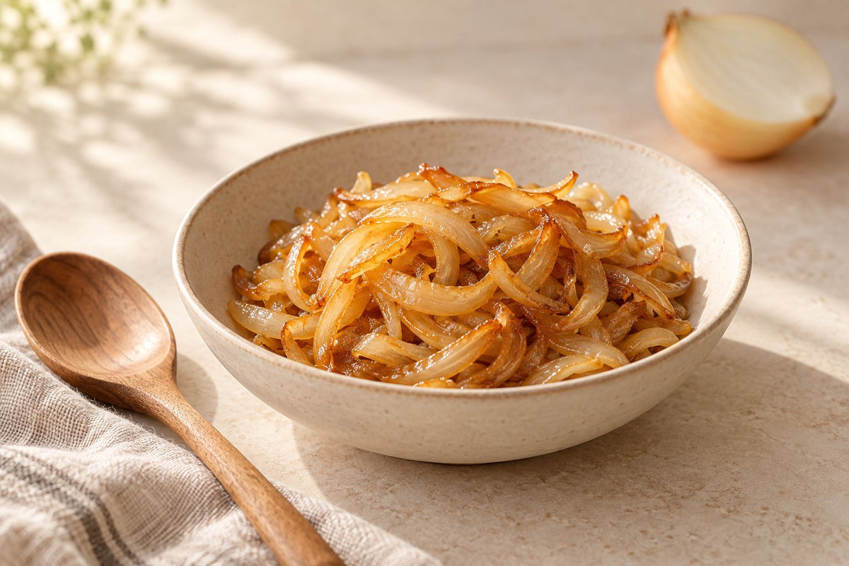 Editorial illustration of soft golden sliced onions in a cream bowl