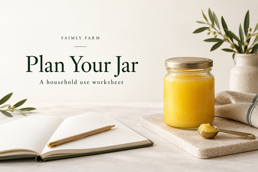 AI-generated editorial illustration of a ghee jar, spoon and kitchen notebook for planning household use.