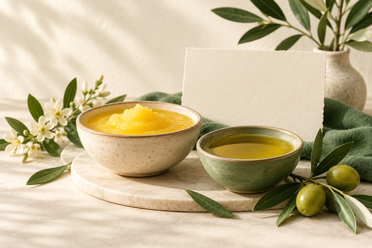 AI-generated illustration: separate small ceramic bowls of golden ghee and olive oil, botanical sprig, blank ingredient card in forest green and ivory