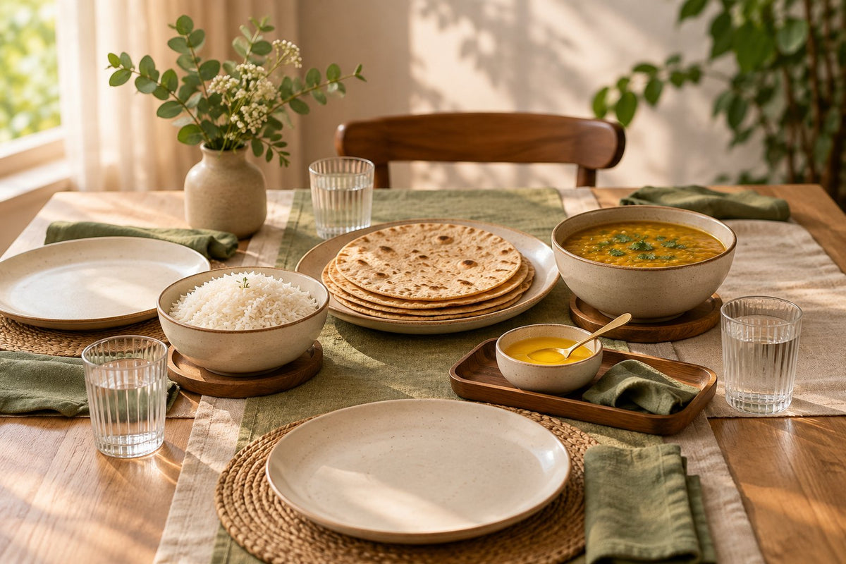 Editorial illustration of a shared meal with a separate bowl of ghee and its own serving spoon