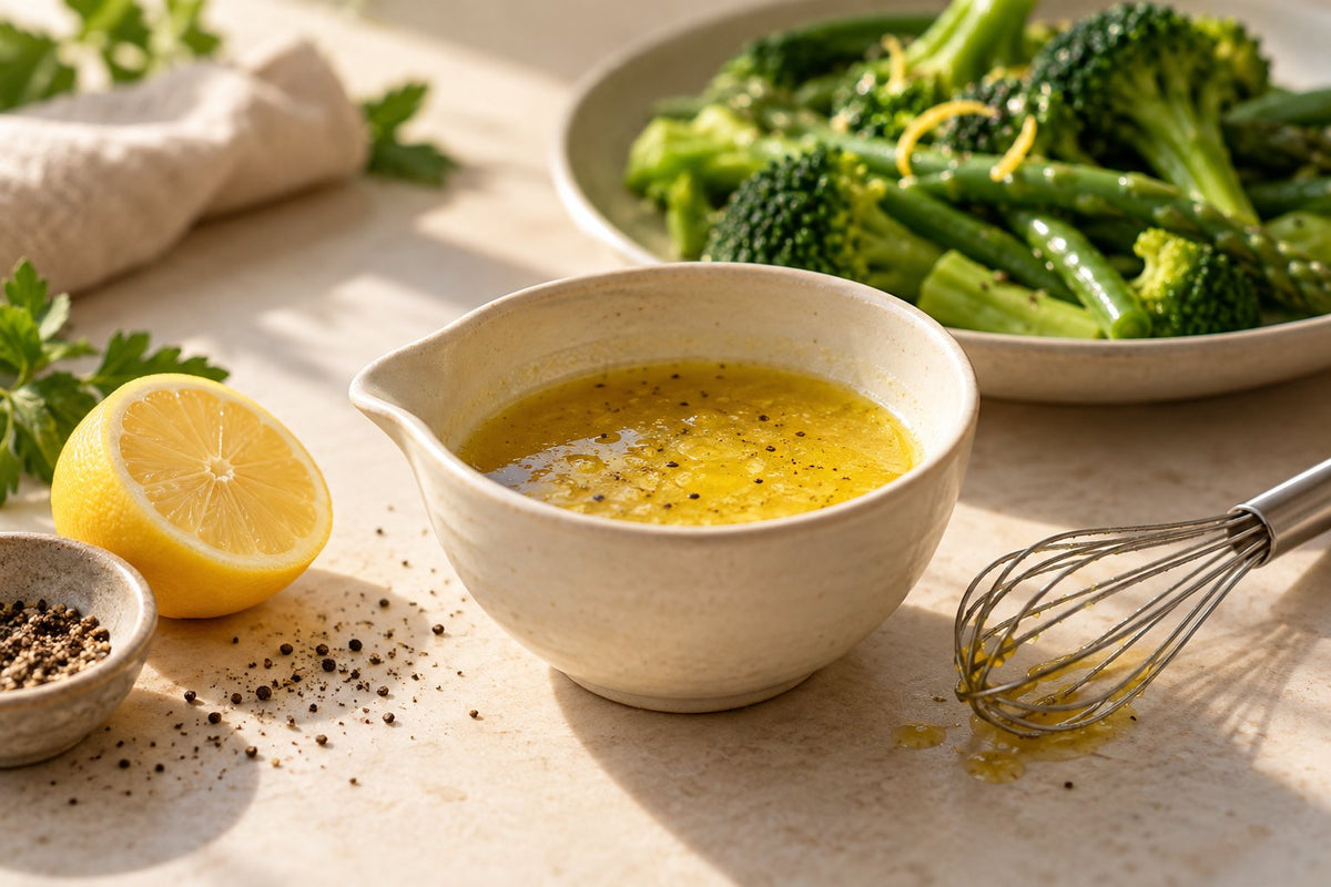 Editorial illustration of golden lemon ghee dressing in a cream pouring bowl with a whisk